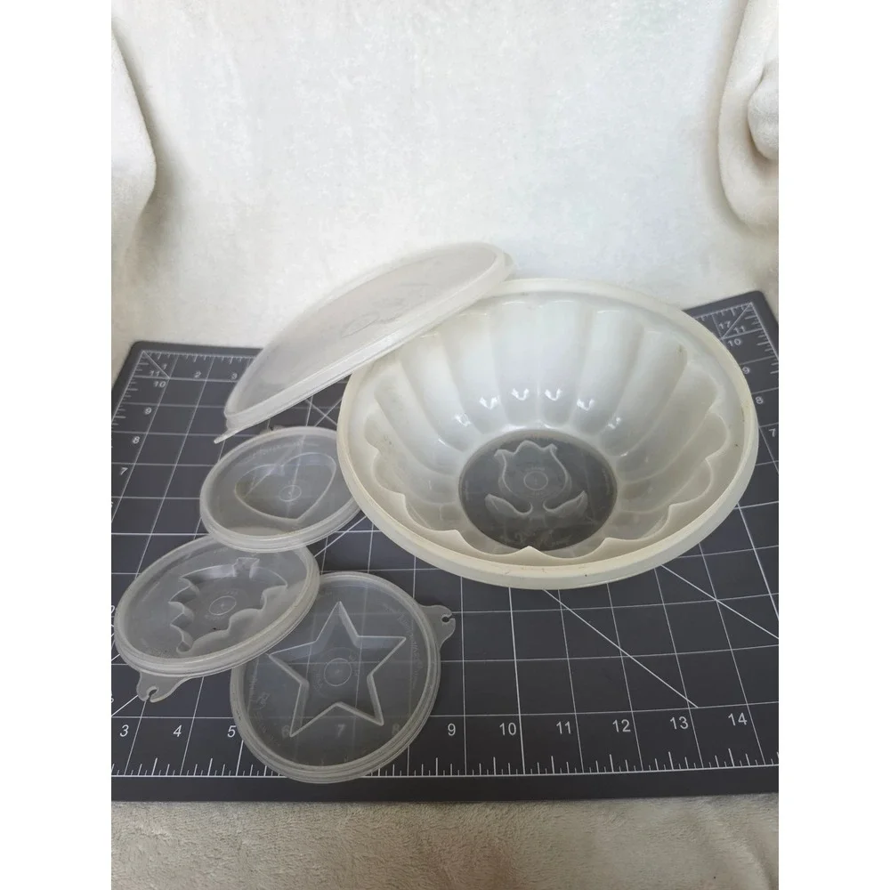 Vintage Tupperware Jel-Ring Jello Mold Set Sheer White with 4 Decorative Seals